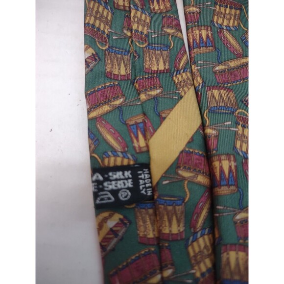 VTG Salvatore Ferragamo Tie Drum Print 100% Silk Green Necktie - Picture 5 of 6